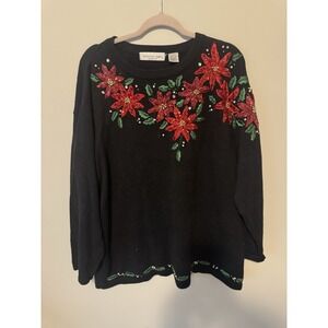 Victoria Jones Sweater Women's 2X Black‎ Christmas Poinsettia Beaded Embroidered